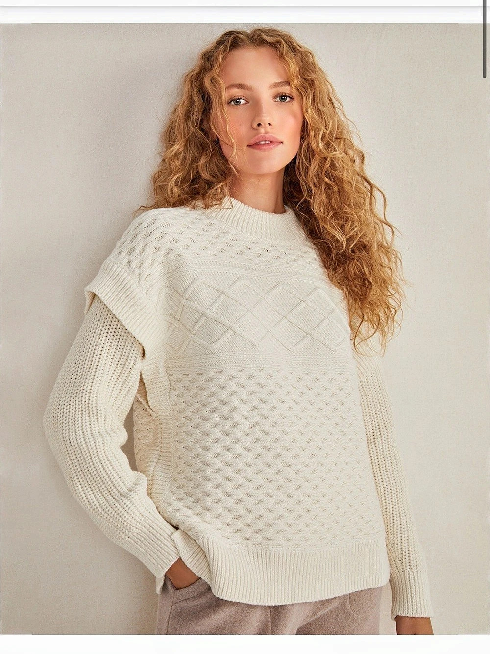 Haven Well Within cream Cotton Textured layered Knit Sweater Medium Like New Tal